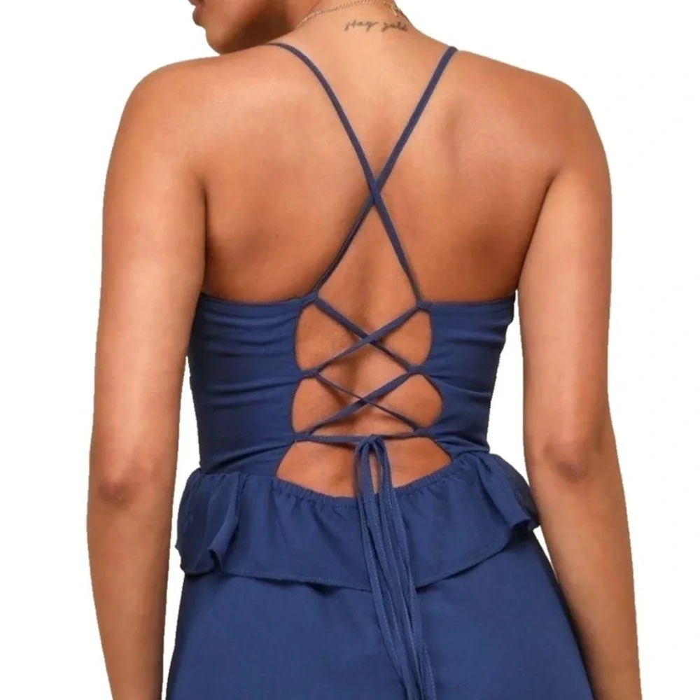 Lulus Captivating Class Lace Up Cross Back Tiered Ruffle Maxi Dress Womens XL
